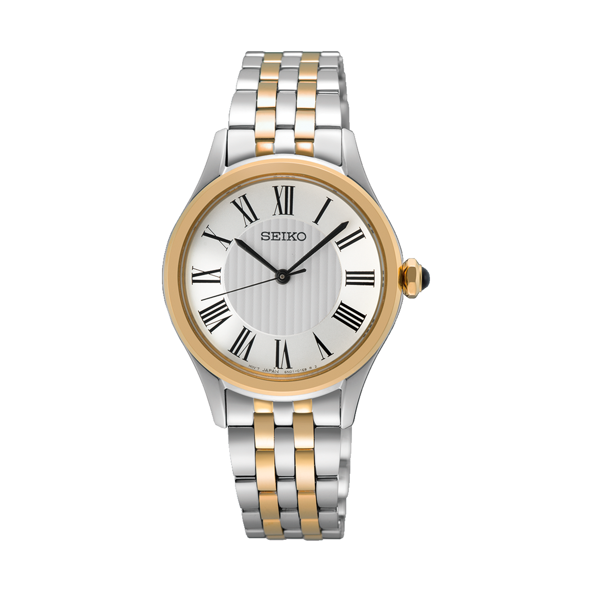 Seiko Classic dameur SUR612P1 i stål med guldfarvet krans, romertal og tofarvet stållænke