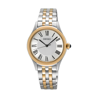 Seiko Classic dameur SUR612P1 i stål med guldfarvet krans, romertal og tofarvet stållænke