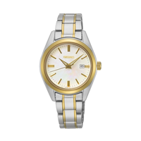 Seiko Classic Lady dameur i stål med guldfarvet krans, lys urskive og datovisning