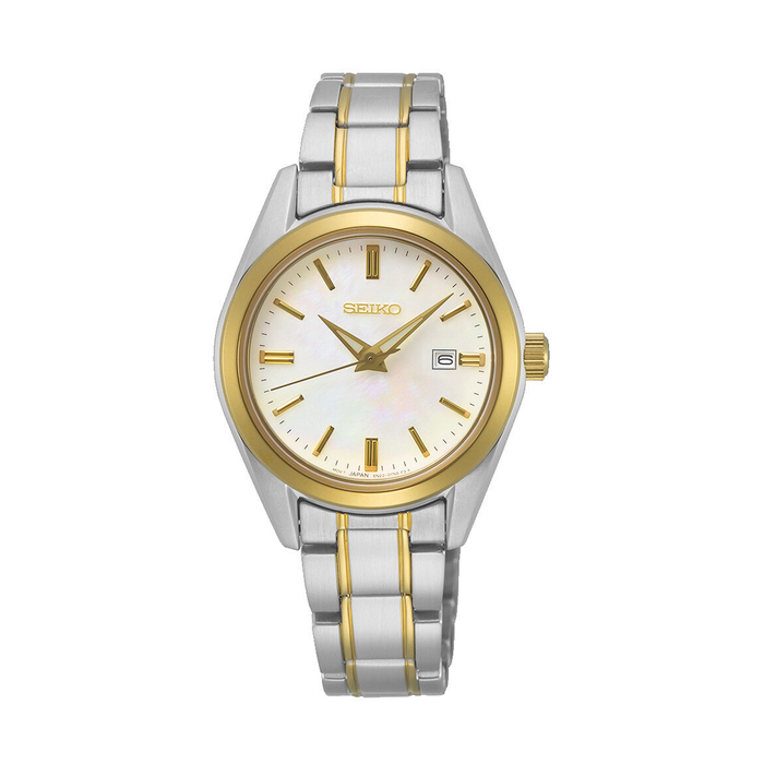 Seiko Classic Lady dameur i stål med guldfarvet krans, lys urskive og datovisning