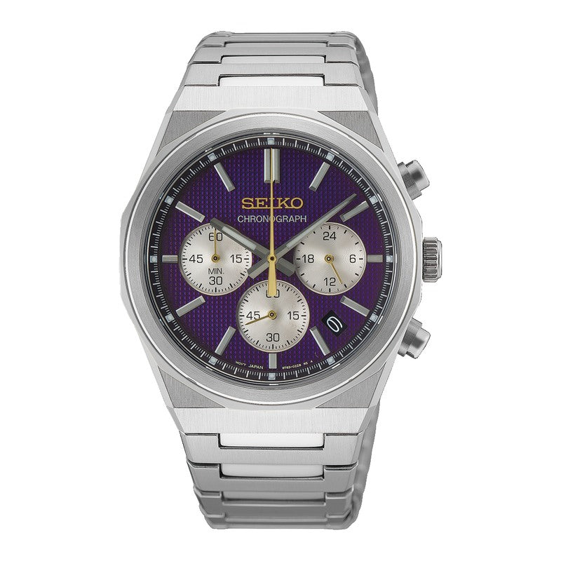 Seiko HGK003P1 kronograf herreur med lilla urskive, sølvfarvede totalisatorer og stållænke