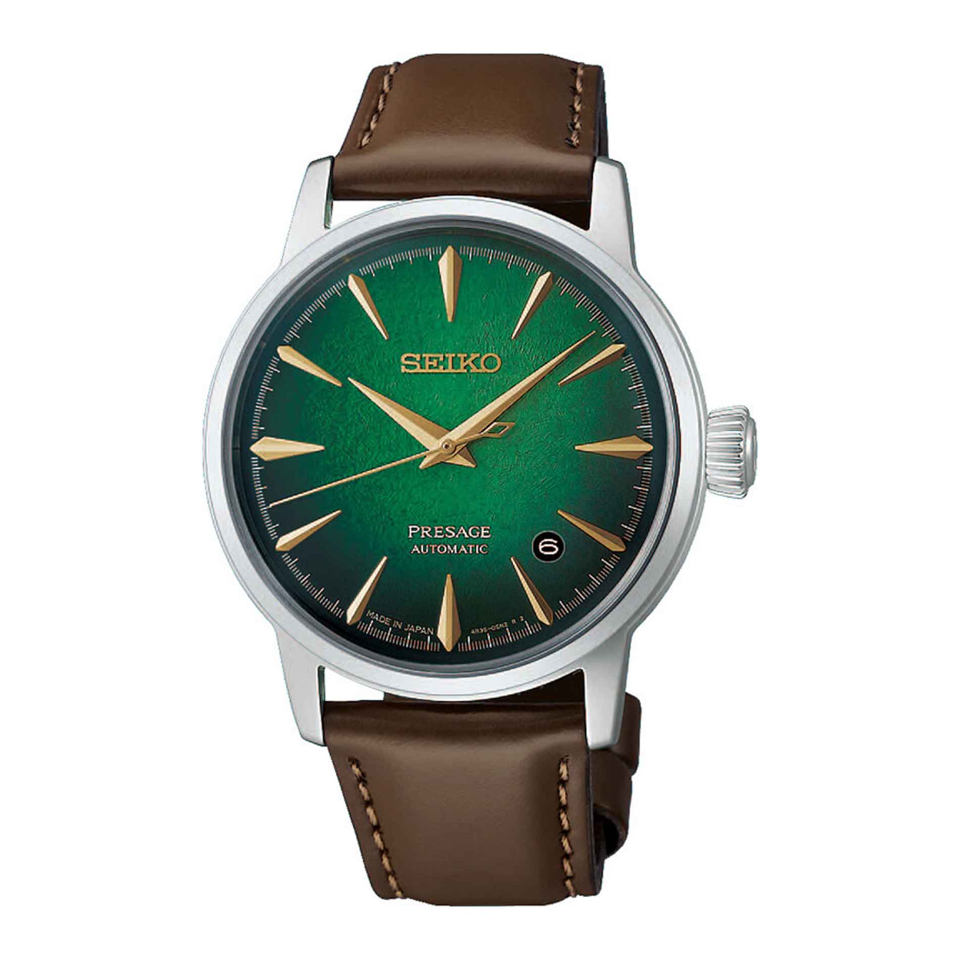 Seiko Presage Automatic HCB002J1 med groen urskive og brun laederrem
