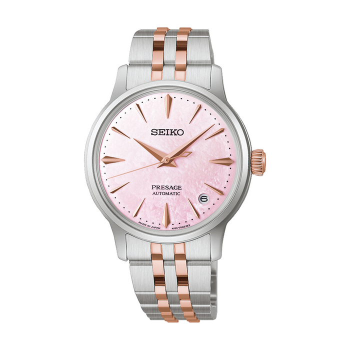 Seiko Presage Cocktail SRPM06J1 dameur med rosa perlemorsskive og tofarvet stållænke