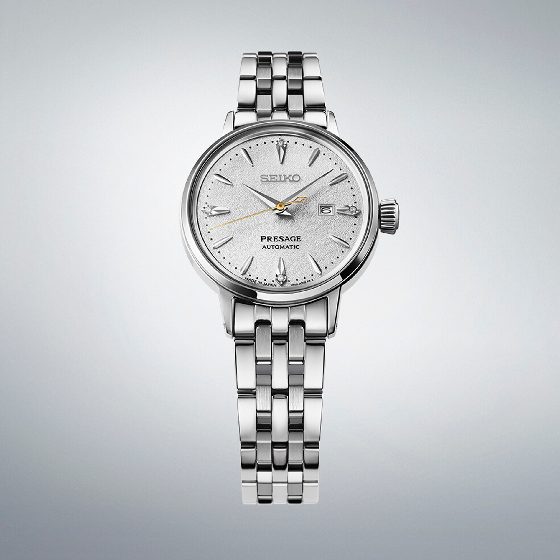 Seiko Presage Cocktail Time Automatic SRE017J1 dameur med sølvhvid urskive, datovisning og stållænke
