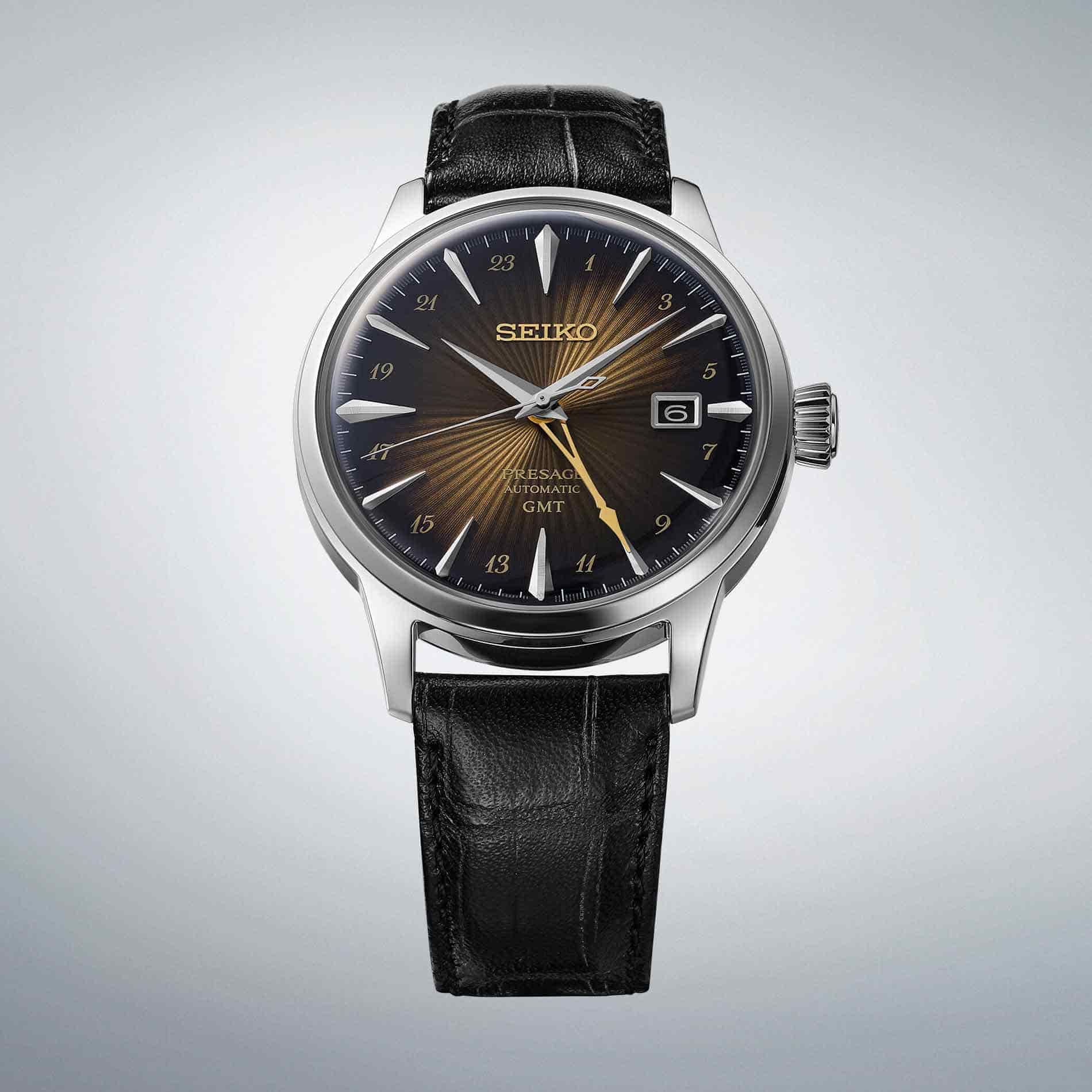 Seiko Presage SSK039J1 herreur med brun urskive, gyldne detaljer og sort læderrem
