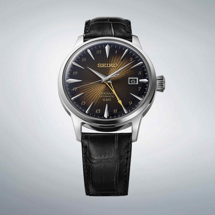 Seiko Presage SSK039J1 herreur med brun urskive, gyldne detaljer og sort læderrem