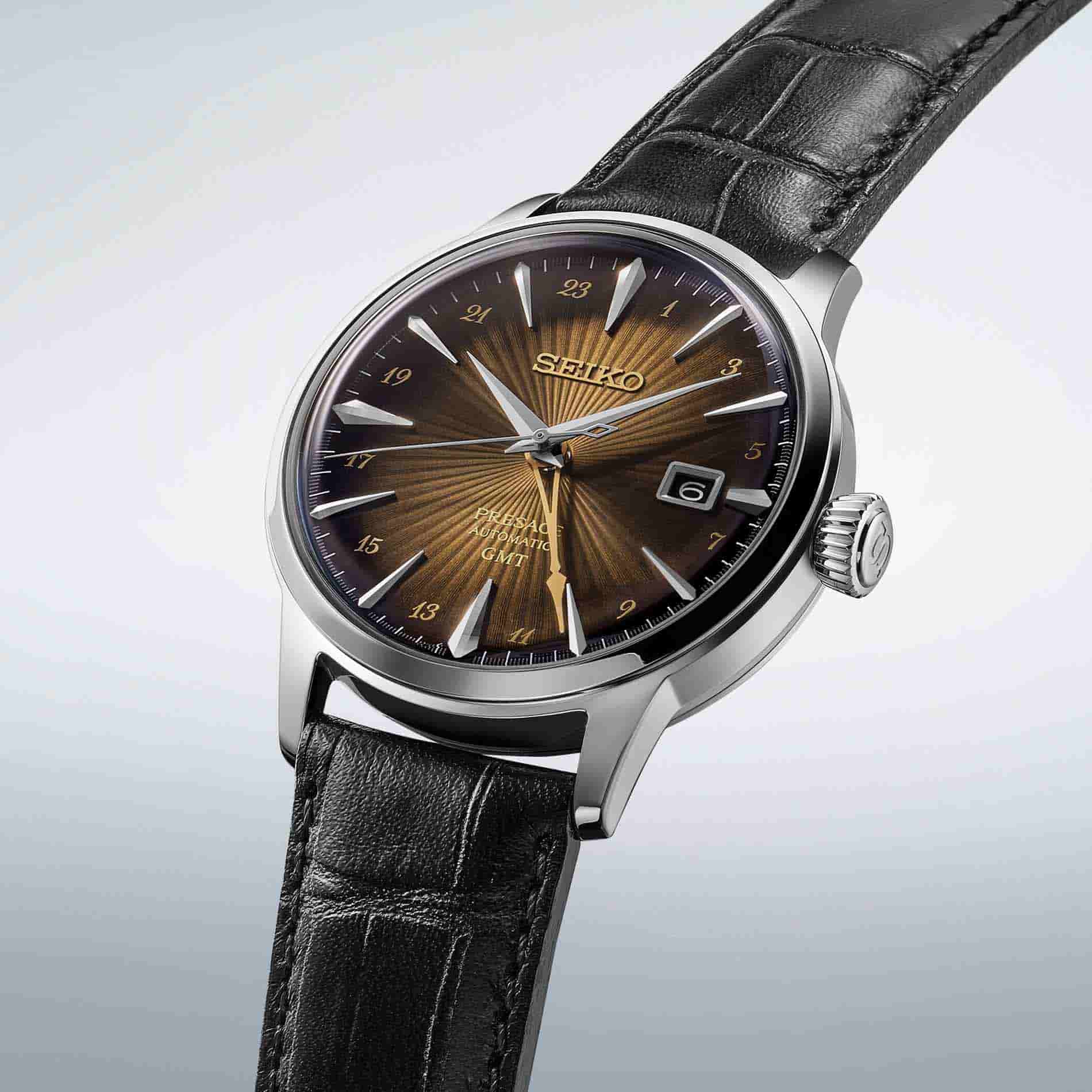 Seiko Presage Cocktail Time SSK039J1 set fra siden med automatisk GMT-værk