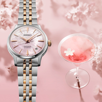 Seiko Presage Cocktail SRPM06J1 dameur med rosa perlemorsskive og tofarvet stållænke