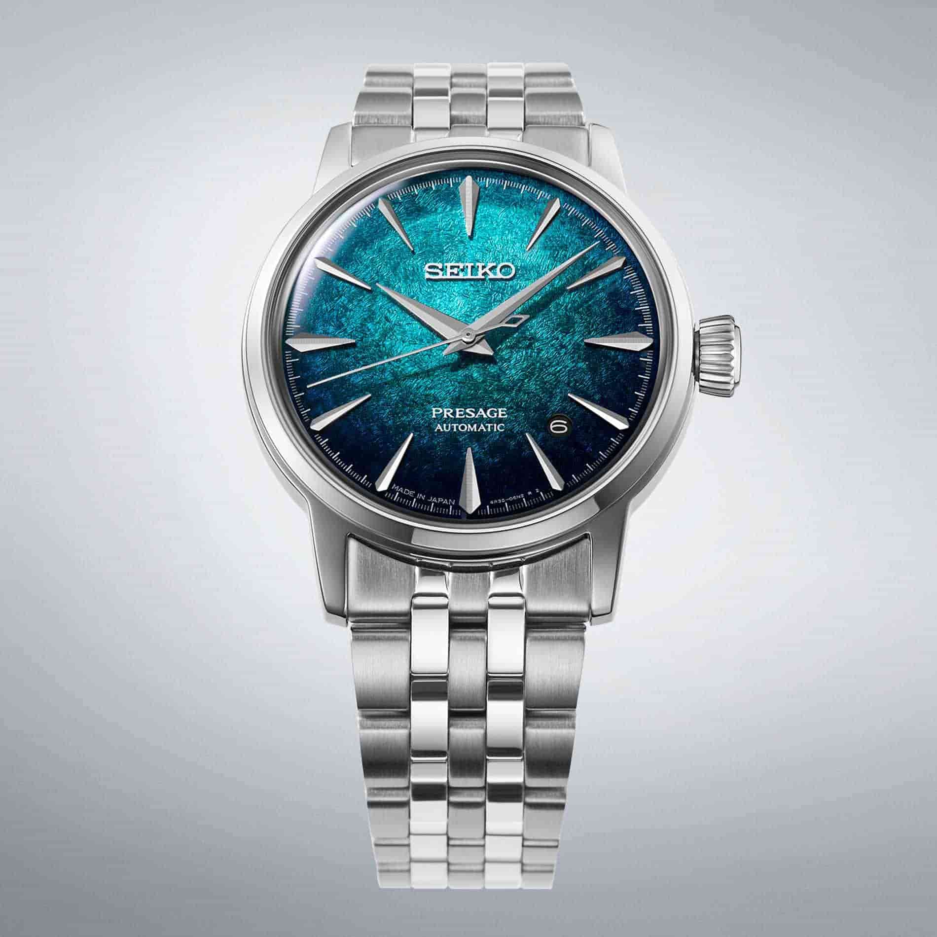 Seiko Presage HCB001J1 med blaa Emerald Mist-inspireret urskive og rustfrit staal