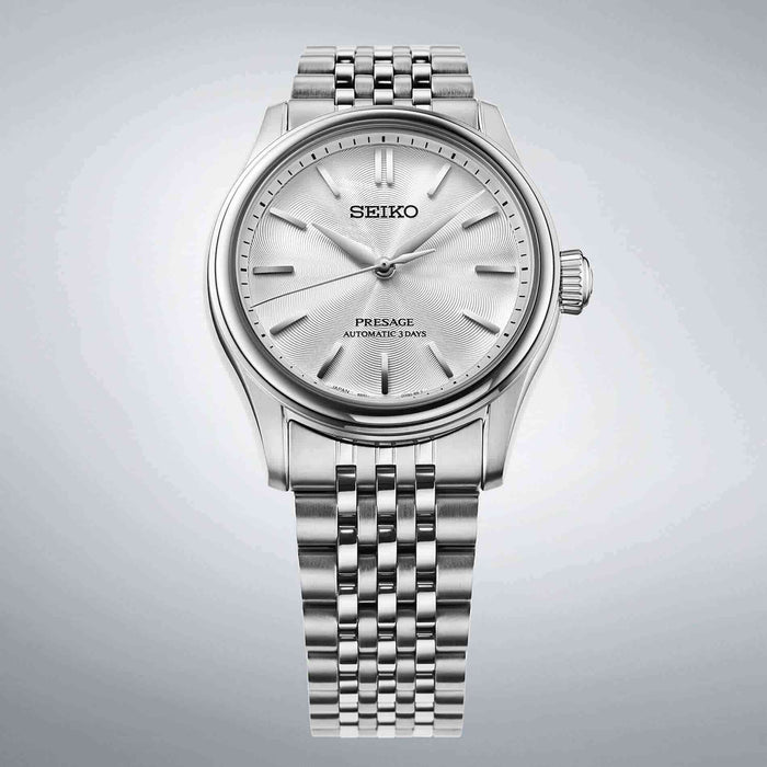 Seiko Presage HCC001J1 med lys struktureret urskive og soelvfarvede visere