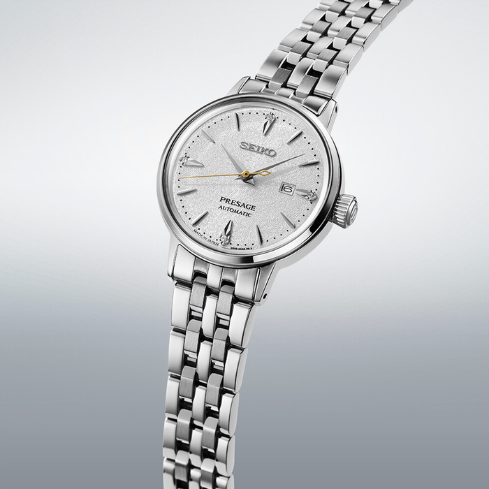 Seiko Presage Cocktail Time Automatic SRE017J1 dameur med sølvhvid urskive, datovisning og stållænke