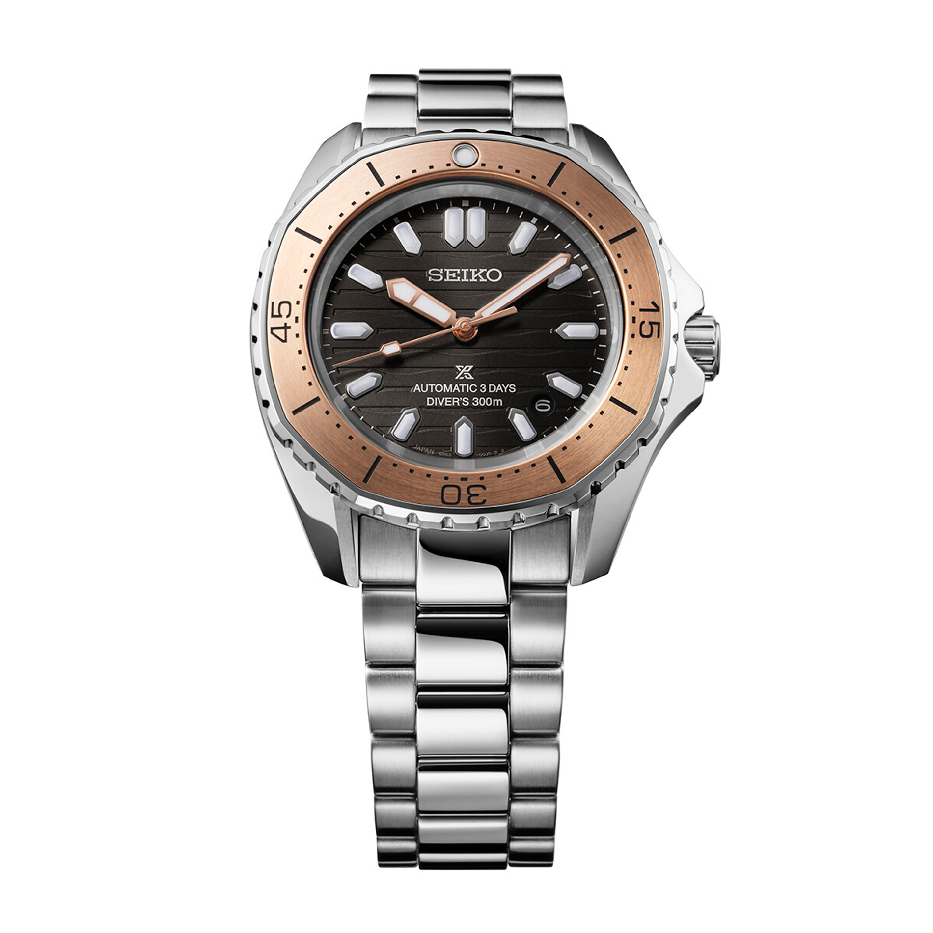 Seiko Prospex Automatic Diver's SPB485J1 dykkerur med sort bølgeskive og rosaguld-farvet krans