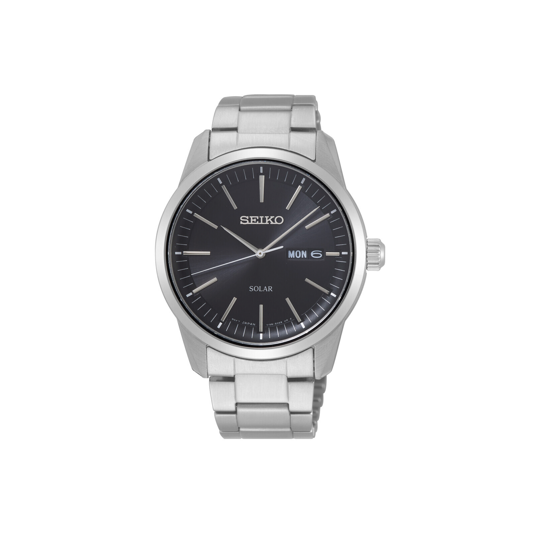 Seiko Solar herreur 40 mm med sort urskive, safirglas og stållænke