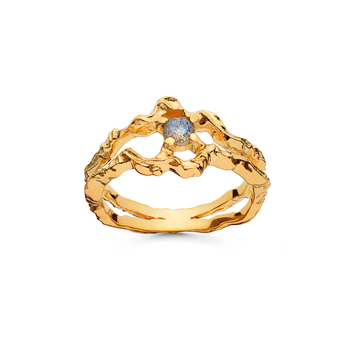 Shelly ring i forgyldt sterling sølv med organisk design og labradorit