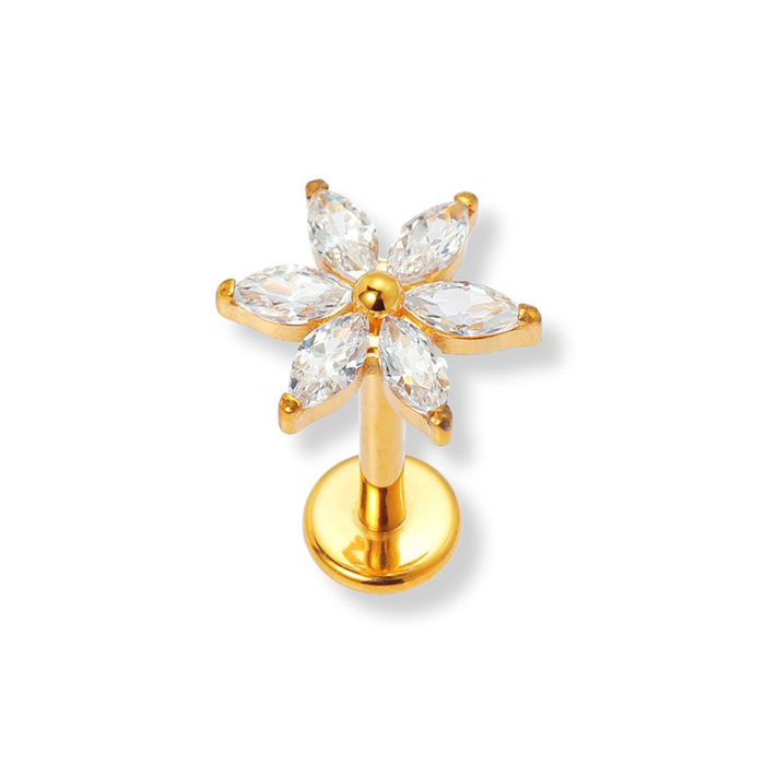 Sistie 2nd Fnug Helix ørering i forgyldt titanium med blomsterdesign og klare zirkonia.