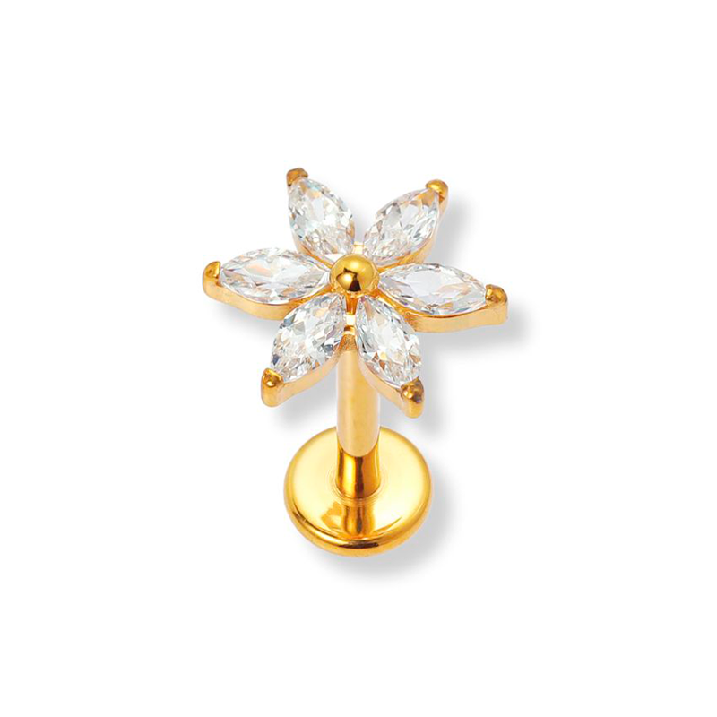 Sistie 2nd Fnug Helix ørering i forgyldt titanium med blomsterdesign og klare zirkonia.