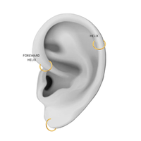 Illustreret placering af Sistie Ringline Helix ørering til helix, forward helix og øreflip piercing.