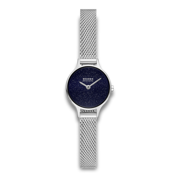 Skagen Anita Micro SKW3172 dameur med sølvfarvet meshlænke og blå glimmerurskive.
