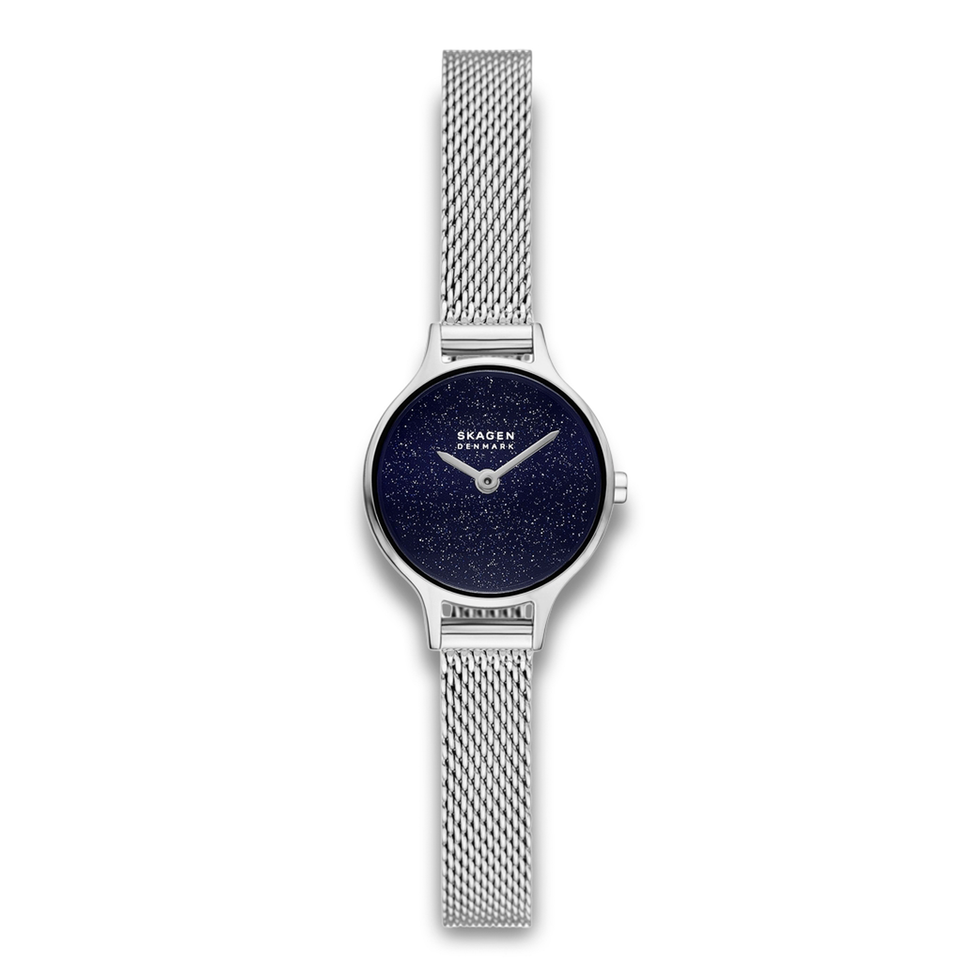 Skagen Anita Micro SKW3172 dameur med sølvfarvet meshlænke og blå glimmerurskive.