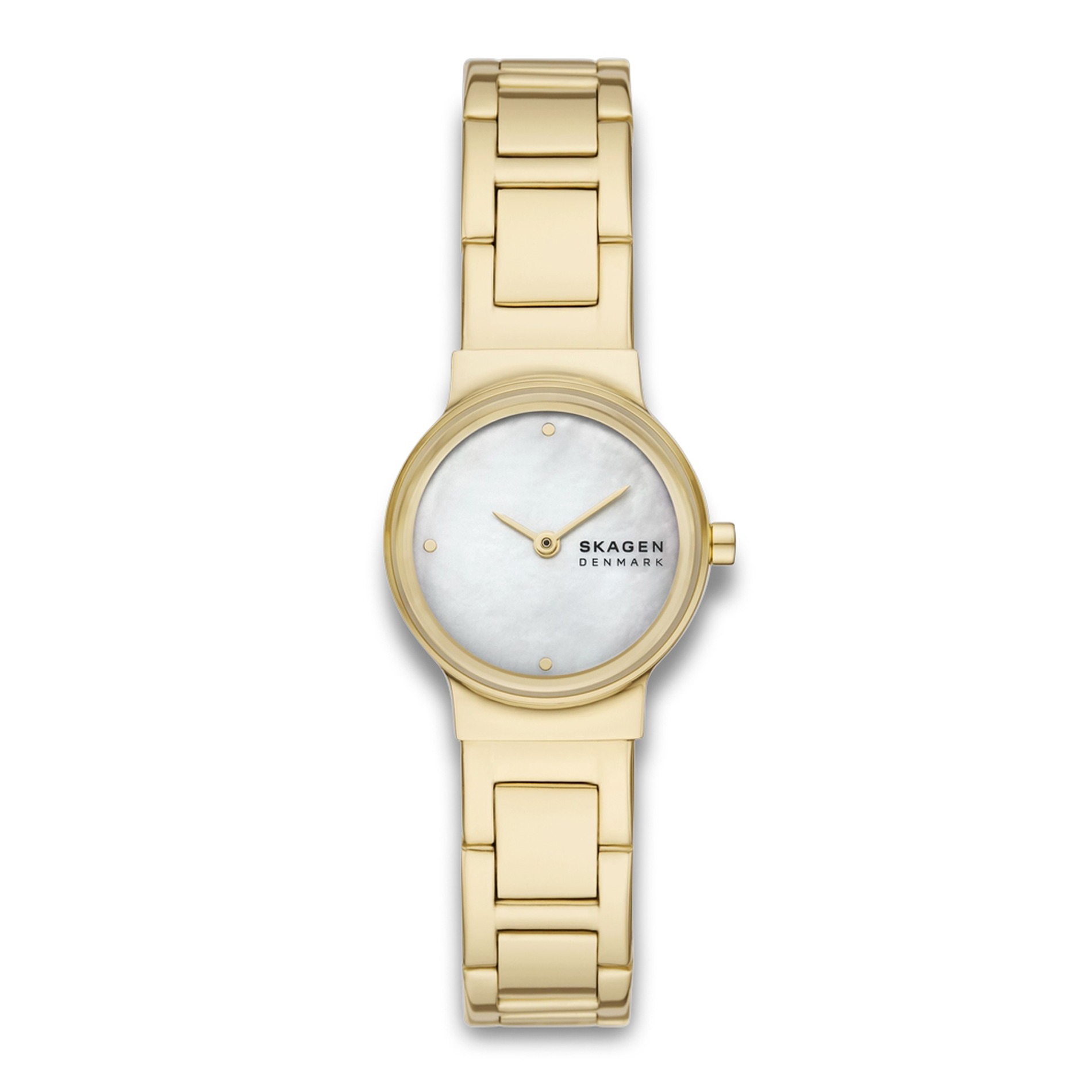 Skagen Freja Lille SKW3167 dameur med guldfarvet lænke og perlemorsskive.
