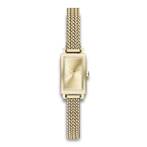 Skagen Hagen Micro SKW3178 dameur med guldfarvet mesh-lænke og rektangulær champagnefarvet urskive.