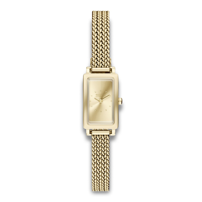 Skagen Hagen Micro SKW3178 dameur med guldfarvet mesh-lænke og rektangulær champagnefarvet urskive.