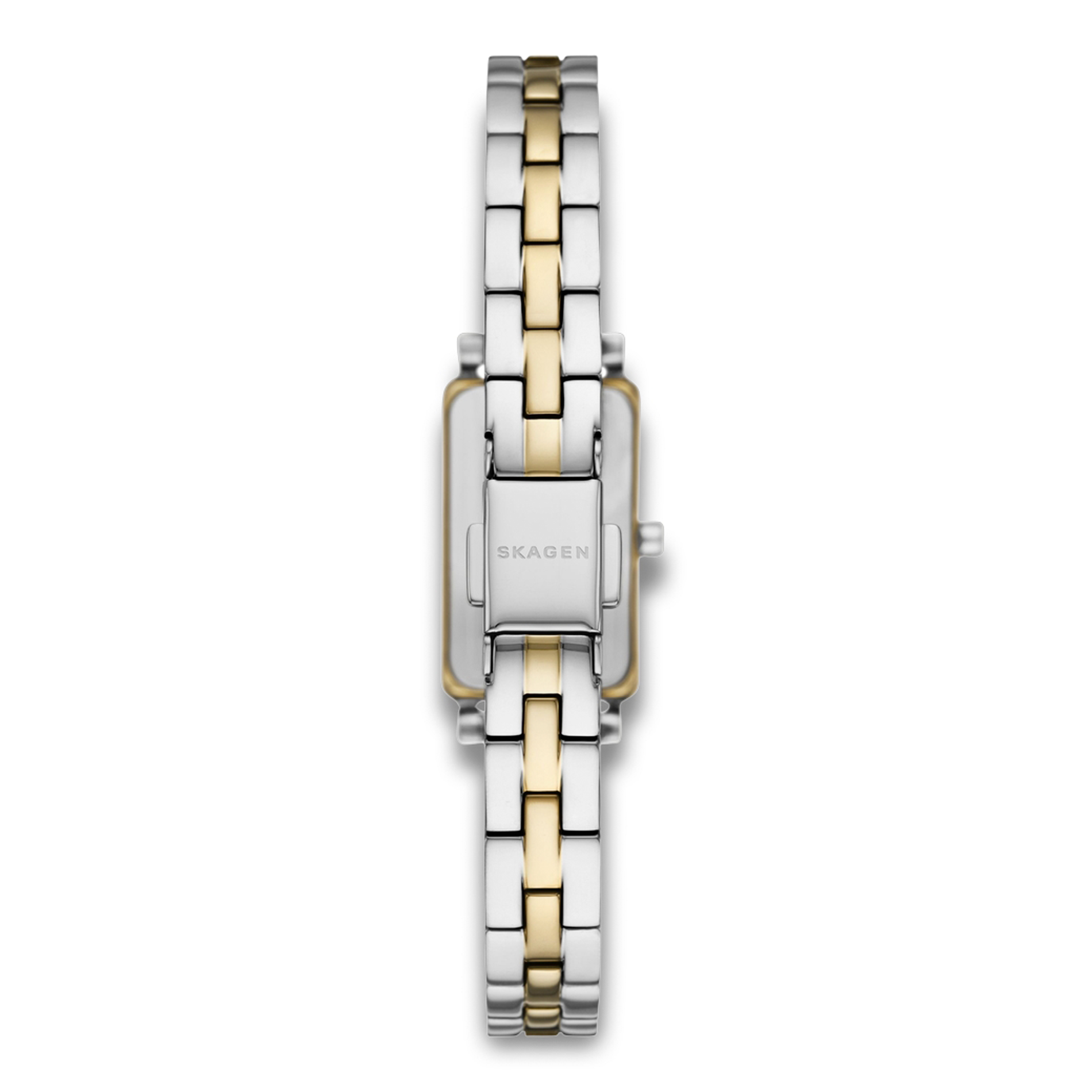 Bagside af Skagen Hagen Micro SKW3155 med bicolor lænke i rustfrit stål