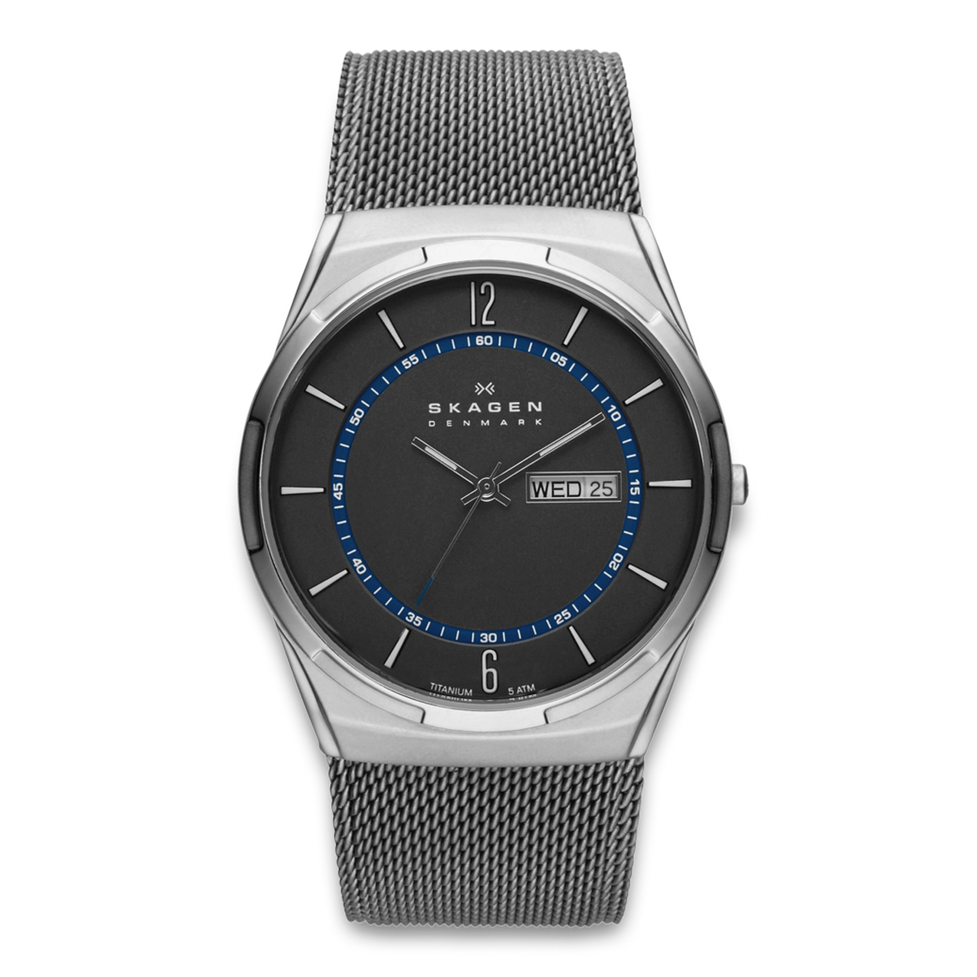 Skagen Melbye Titanium SKW6078 herreur med grå mesh-lænke, sort urskive og dag- og datovisning.