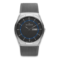 Skagen Melbye Titanium SKW6078 herreur med grå mesh-lænke, sort urskive og dag- og datovisning.