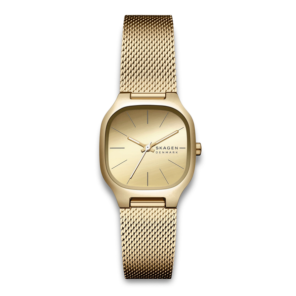 Skagen Mellem Lille SKW3164 dameur med guldfarvet urskive og meshrem.