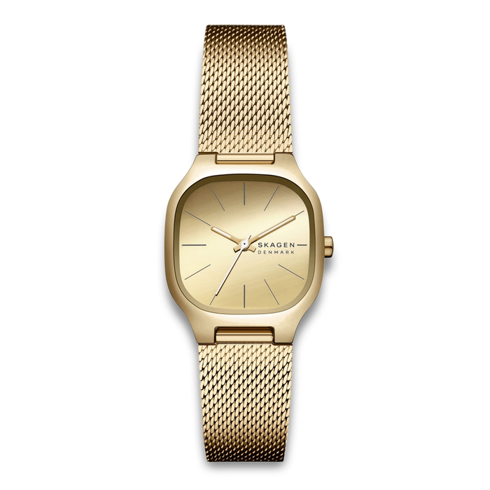 Skagen Mellem Lille SKW3164 dameur med guldfarvet urskive og meshrem.