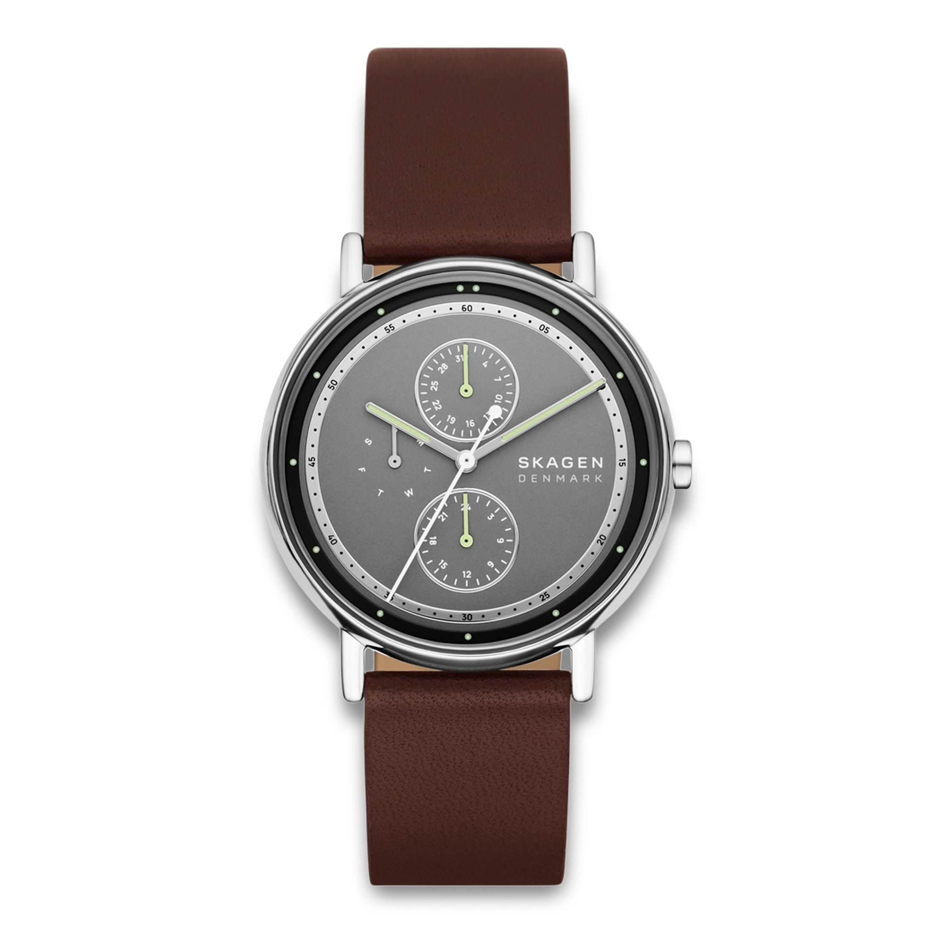 Skagen Signatur SKW6941 herreur med grå multifunktionsurskive og brun læderrem.