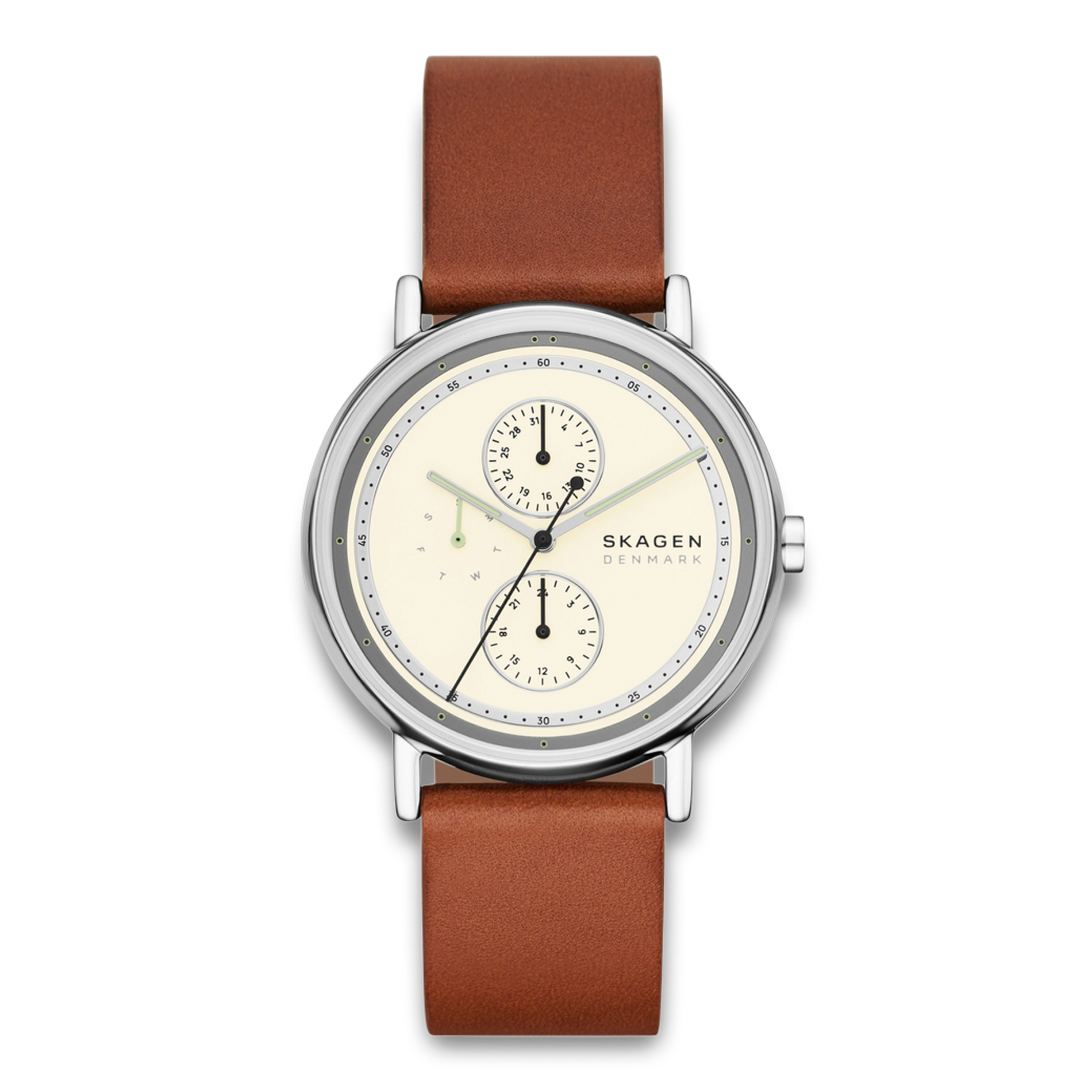 Skagen Signatur SKW6942 herreur med lys multifunktionsurskive og cognacbrun læderrem.