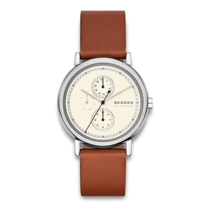 Skagen Signatur SKW6942 herreur med lys multifunktionsurskive og cognacbrun læderrem.