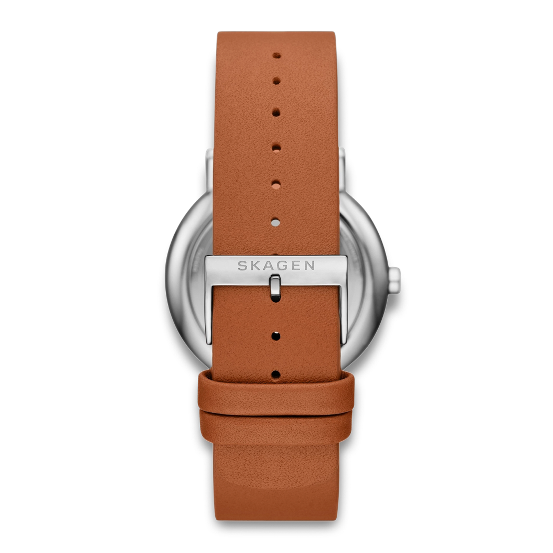 Bagside af Skagen Signatur SKW6943 med lys cognacfarvet læderrem og stålspænde.