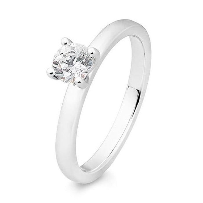 Solitaire diamantring i 18 karat hvidguld med 4 grabber og en bred ringskinne