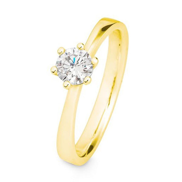 Solitaire diamantring i guld med 6 grabber og tapered ringskinne