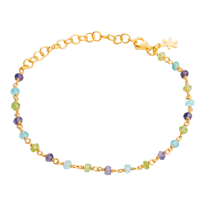 Susanne Friis Bjørner armbånd i forgyldt 925 sterling sølv med 4 mm facetteret apatit, iolit og peridot