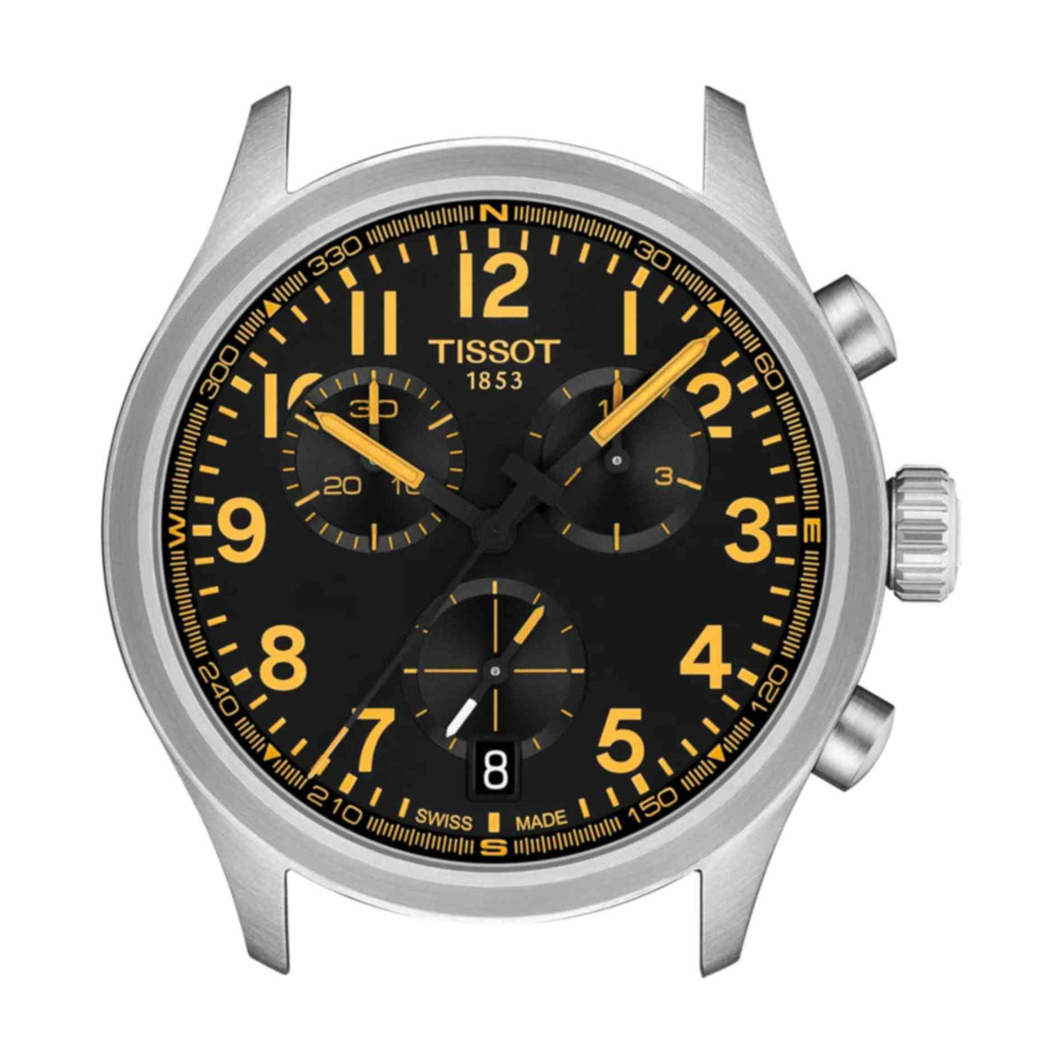 Nærbillede af Tissot Chrono L med sort urskive, gule visere og kronograftællere