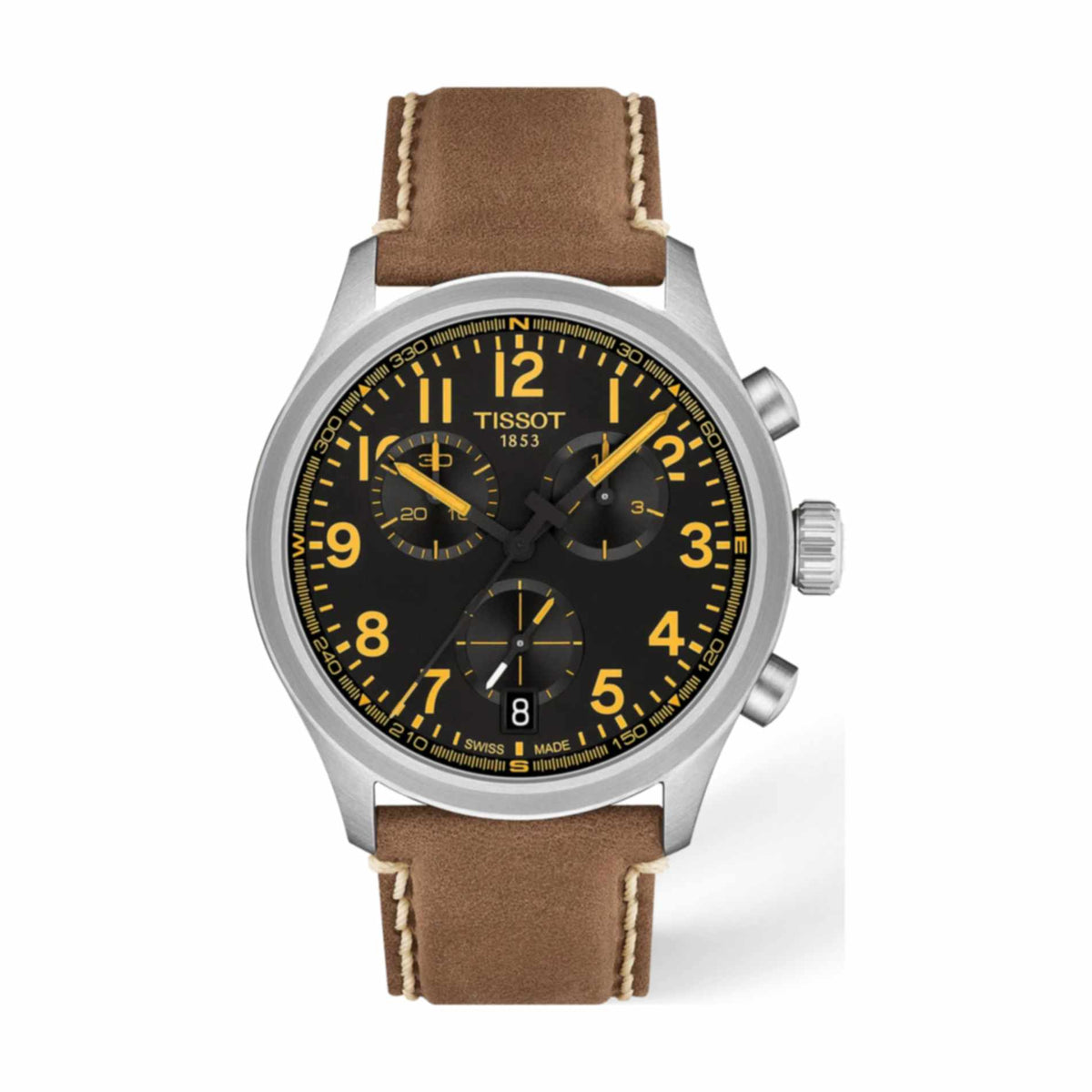 Tissot Chrono L 42 mm herreur med sort urskive, gule arabertal og brun læderrem – forfra