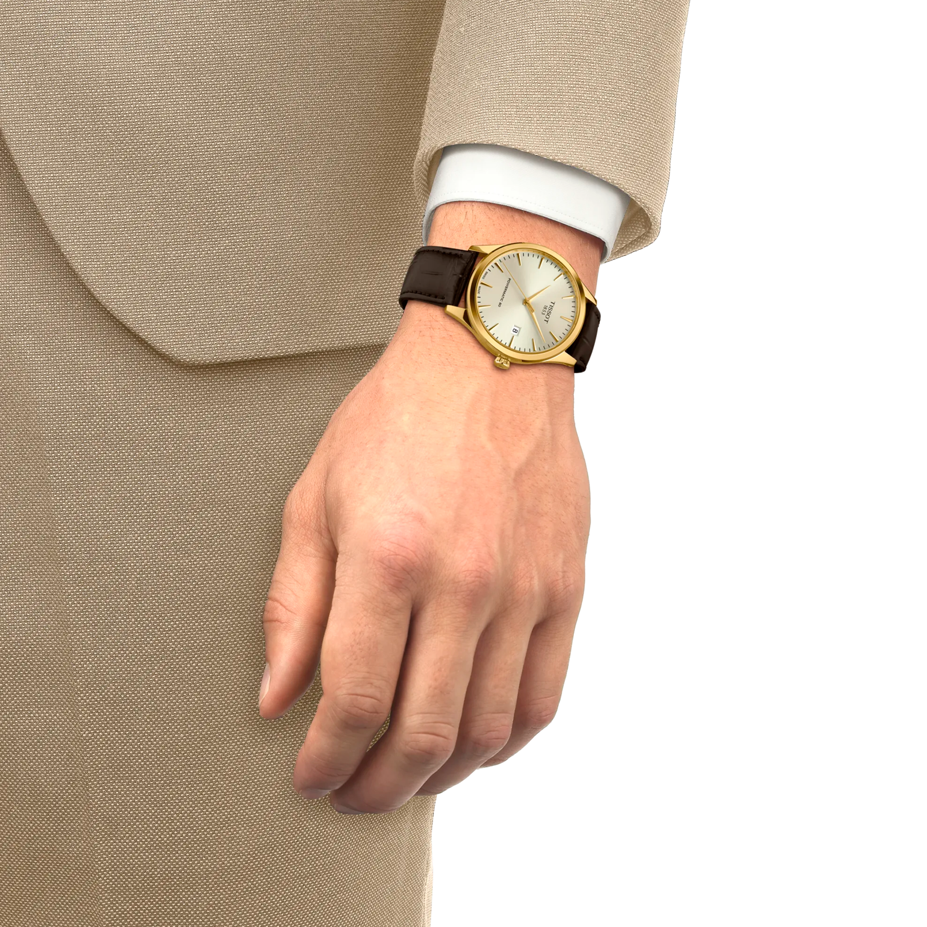 Tissot Classic Dream 40 mm herreur med lys urskive båret på håndled