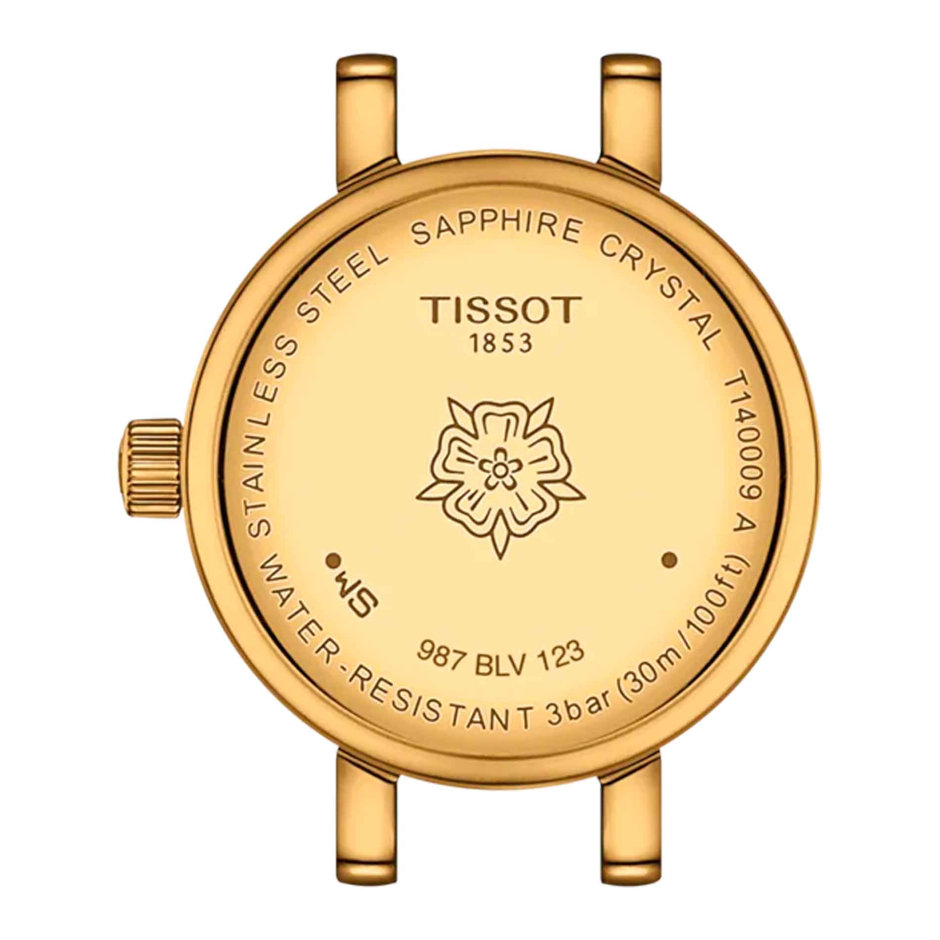 Bagsiden af Tissot Lovely Round 19,5 mm dameur med guldfarvet urkasse i rustfrit stål.