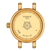 Bagsiden af Tissot Lovely Round 19,5 mm dameur med guldfarvet urkasse i rustfrit stål.