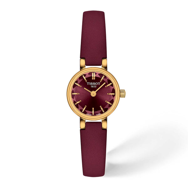 Tissot Lovely Round 19,5 mm dameur med bordeaux urskive, guldfarvet urkasse og bordeaux læderrem.