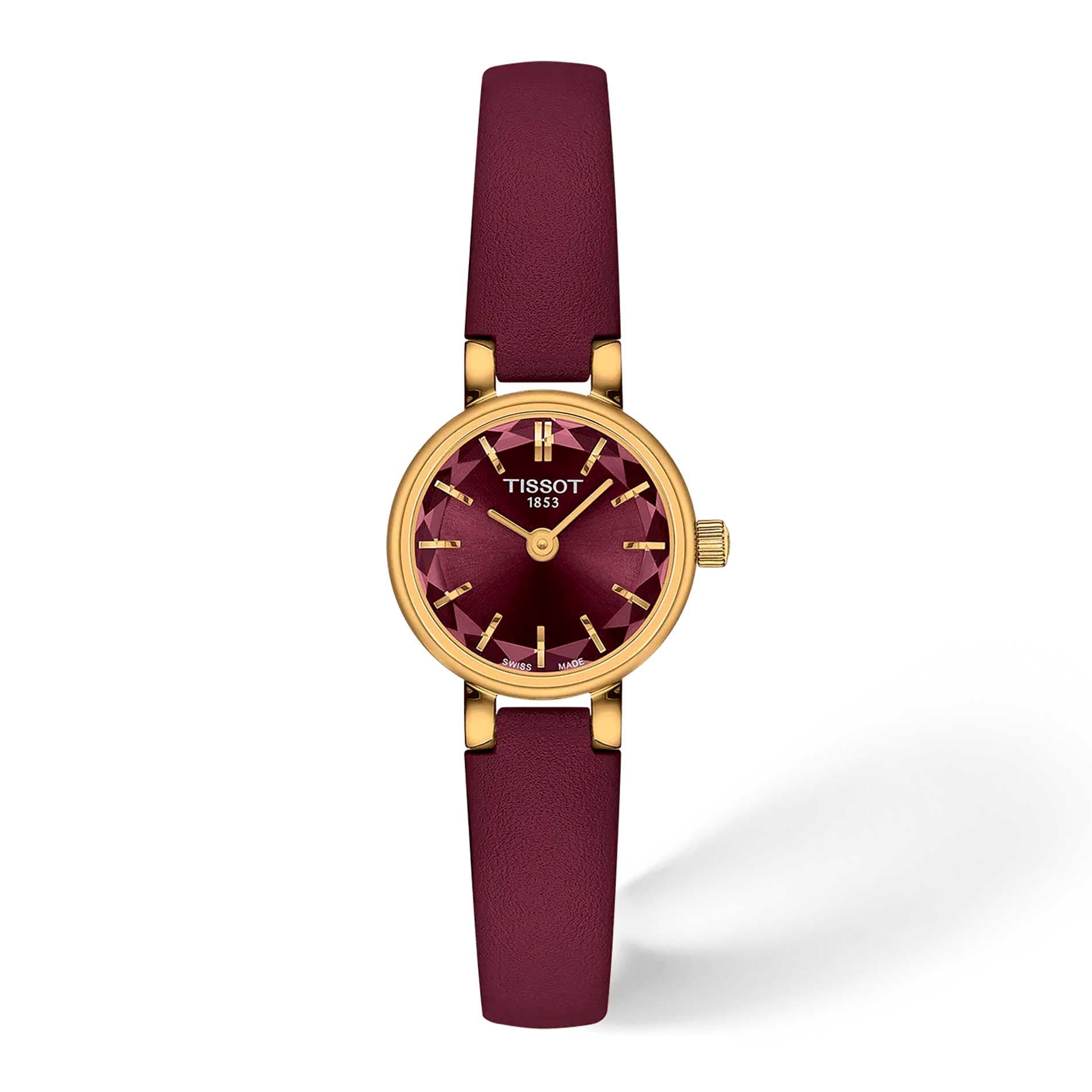 Tissot Lovely Round 19,5 mm dameur med bordeaux urskive, guldfarvet urkasse og bordeaux læderrem.