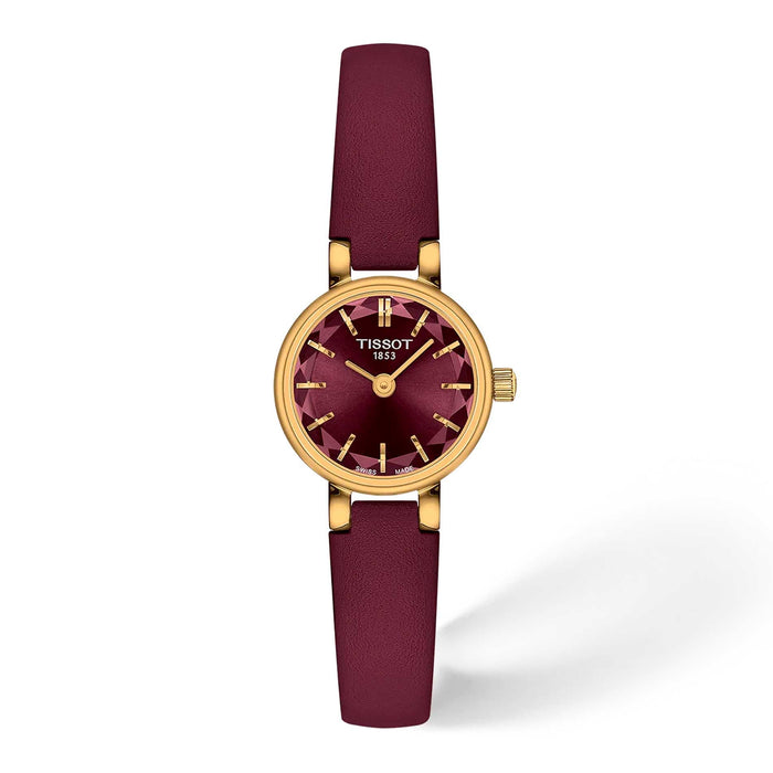 Tissot Lovely Round 19,5 mm dameur med bordeaux urskive, guldfarvet urkasse og bordeaux læderrem.
