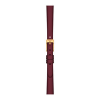 Bordeaux læderrem på Tissot Lovely Round 19,5 mm dameur med guldfarvet spænde.