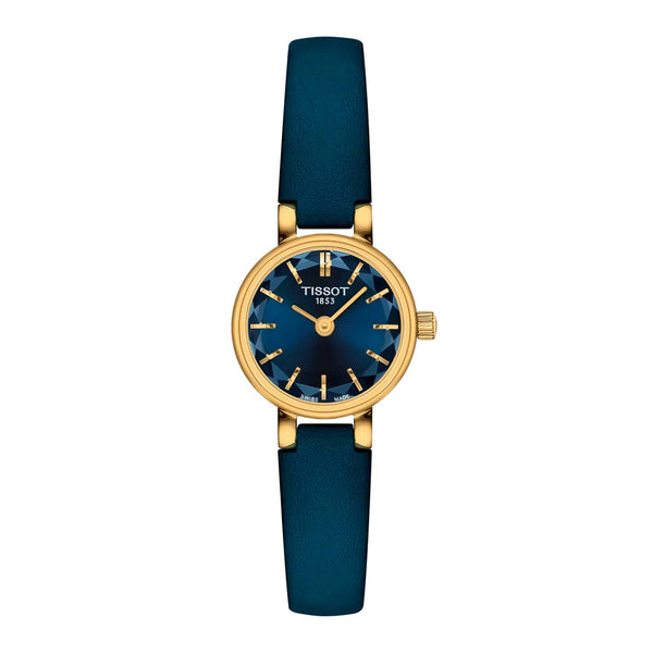 Tissot Lovely Round 19,5 mm dameur med guldfarvet urkasse, blå urskive og blå læderrem