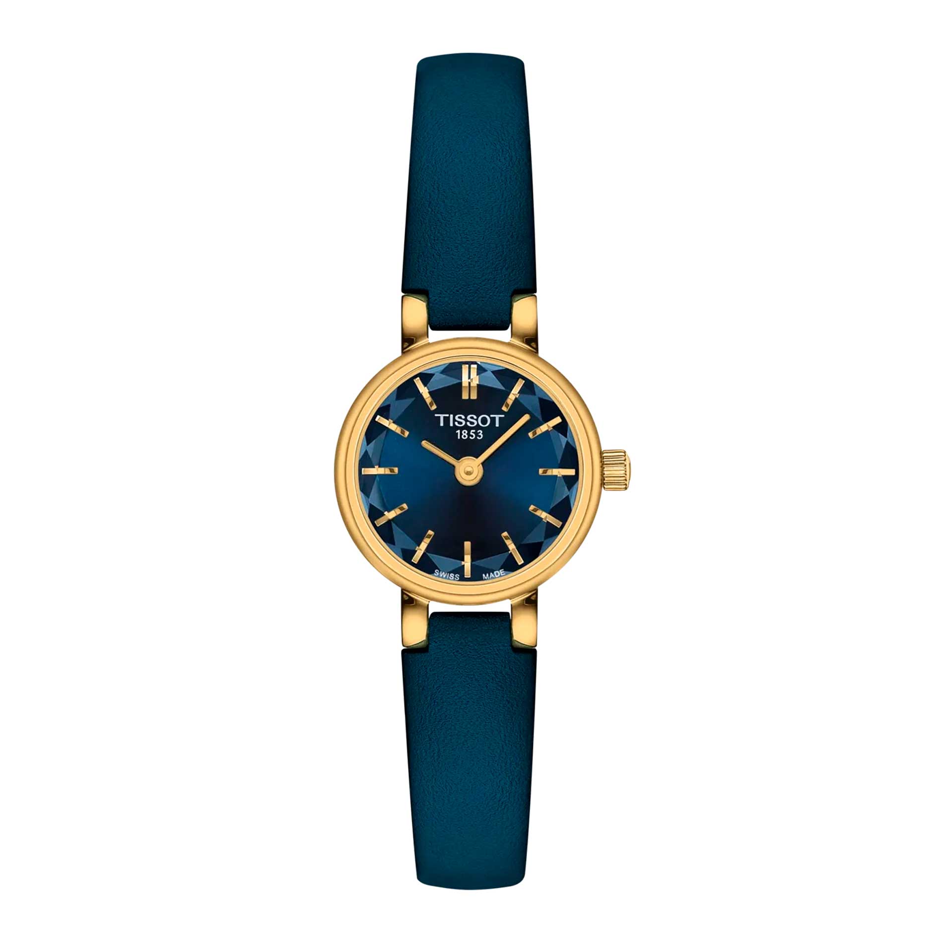 Tissot Lovely Round 19,5 mm dameur med guldfarvet urkasse, blå urskive og blå læderrem