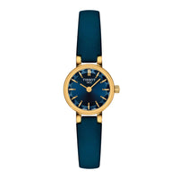 Tissot Lovely Round 19,5 mm dameur med guldfarvet urkasse, blå urskive og blå læderrem